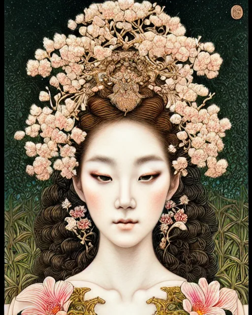 Prompt: portrait of a beautiful goddess of nature, graceful beauty, esoteric, ornamental, nature and floral aesthetics, head in focus, intricate, elegant, highly detailed, artstation, artistic, concept art, hasselbrad photography, sharp focus, illustrative, art style by chie yoshii