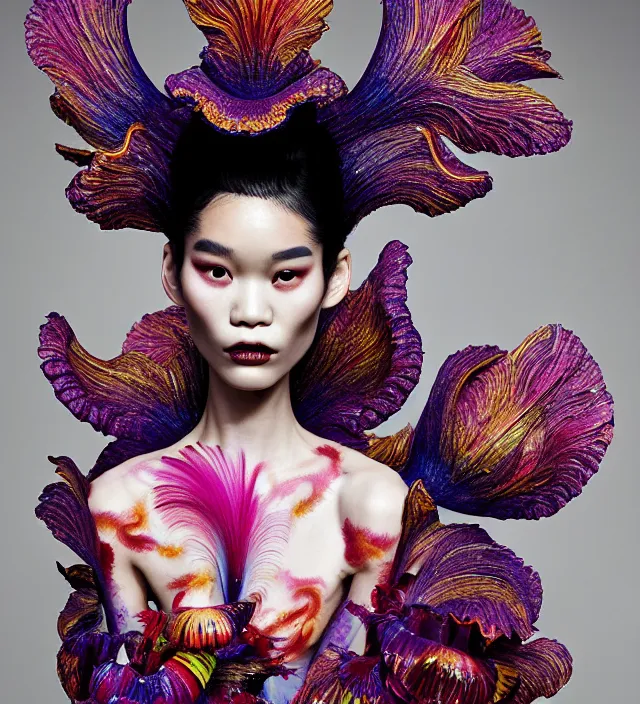 Prompt: photography american portrait of stunning model ming xi. great hair style,, half in shadow, natural pose, natural lighing, rim lighting, wearing an ornate stunning sophistical fluid dress and hat iris van herpen, colorfull newbaroque extreme makeup by benjamin puckey, highly detailed, skin grain detail, photography by paolo roversi