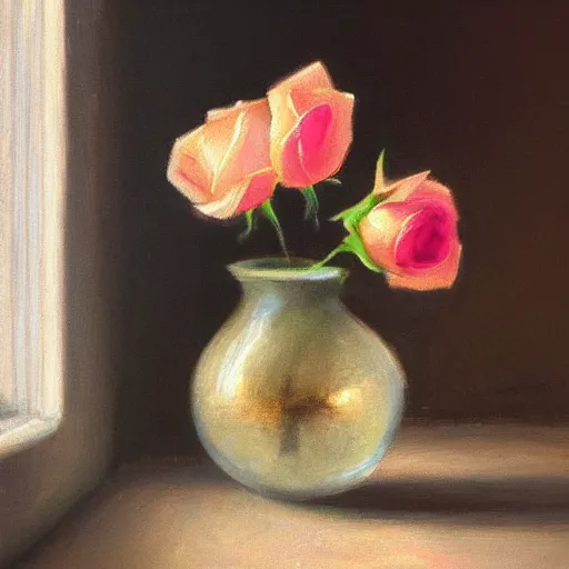 Image similar to The rose is placed in a vase on a windowsill. The light from the window casts a warm, golden glow on the petals of the rose, making them appear illuminated. The colors in the painting are soft and muted, giving the overall impression of a tranquil scene. Trending on artstation, in the style of famous painter.