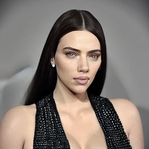 Image similar to a woman who is a genetic combination of kim kardashian and kat dennings and scarlett johansson and margot robbie and emma watson, face and upper - body focus, detailed eyes