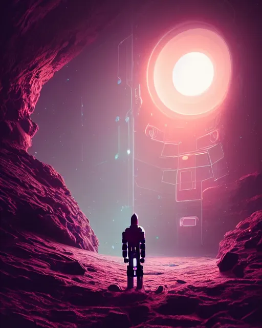 Image similar to a robot standing in front of a glowy open door that's on a barren moon, poster art by mike winkelmann, trending on cg society, space art, sci - fi, ue 5, futuristic, volumetric lighting, light casting onto the ground, neat composition and camera angle