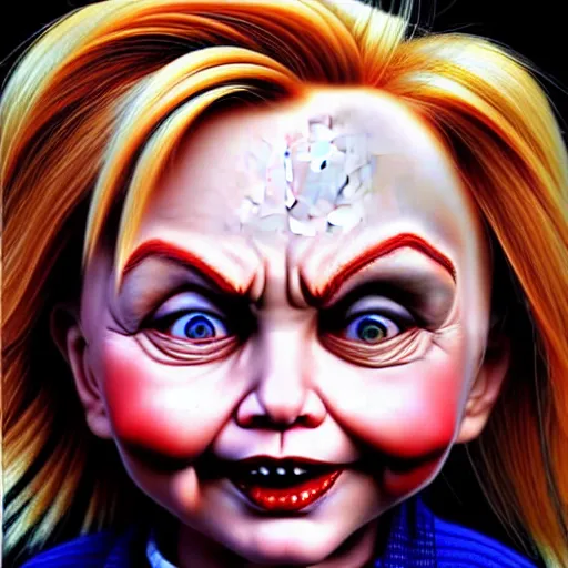 Image similar to a detailed portrait of hillary clinton fused with chucky from childsplay, by artgerm, high details