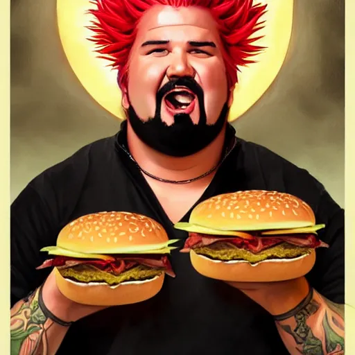 Prompt: portrait of guy fieri eating giant hamburgers, big macs with extra bacon lettuce tomato, ethereal, handsome, d & d, fantasy, intricate, elegant, highly detailed, digital painting, artstation, concept art, matte, sharp focus, illustration, art by artgerm and greg rutkowski and alphonse mucha