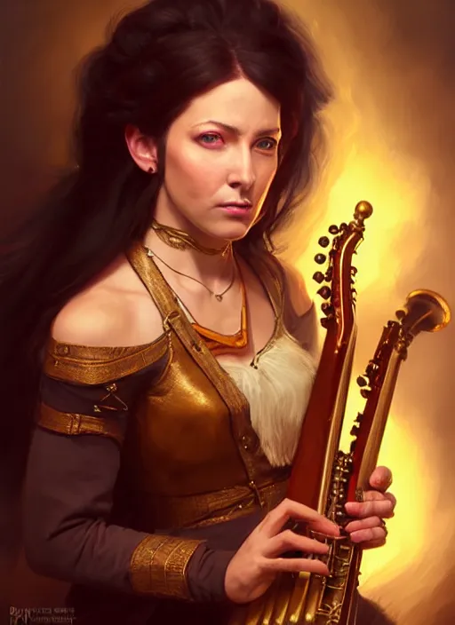 Image similar to a _ fantasy _ style _ portrait _ painting _ of female charismatic bard playing instrument, rpg dnd oil _ painting _ unreal _ 5 _ daz. _ rpg _ portrait _ extremely _ detailed _ artgerm _ greg _ rutkowski _ greg