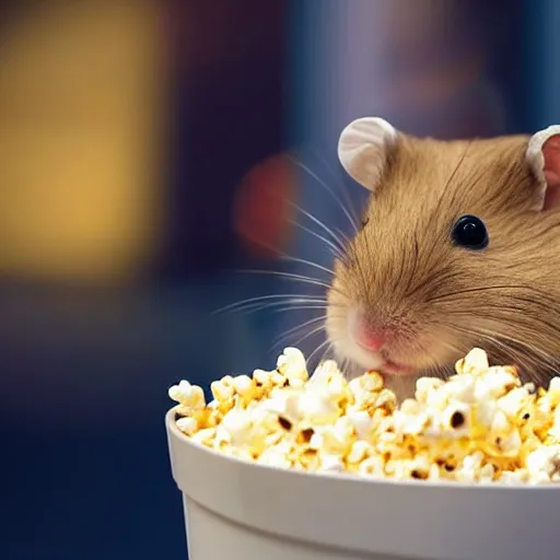 Image similar to photo of a hamster standing next to a bucket of popcorn, in a cinema, various poses, unedited, soft light, sharp focus, 8 k