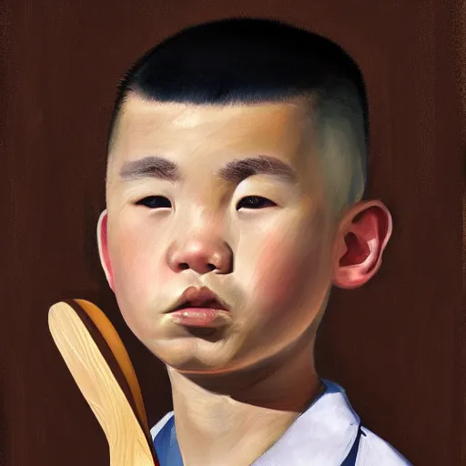 Image similar to dramatic portrait of chinese boy buzz cut, holding a spatula, digital painting