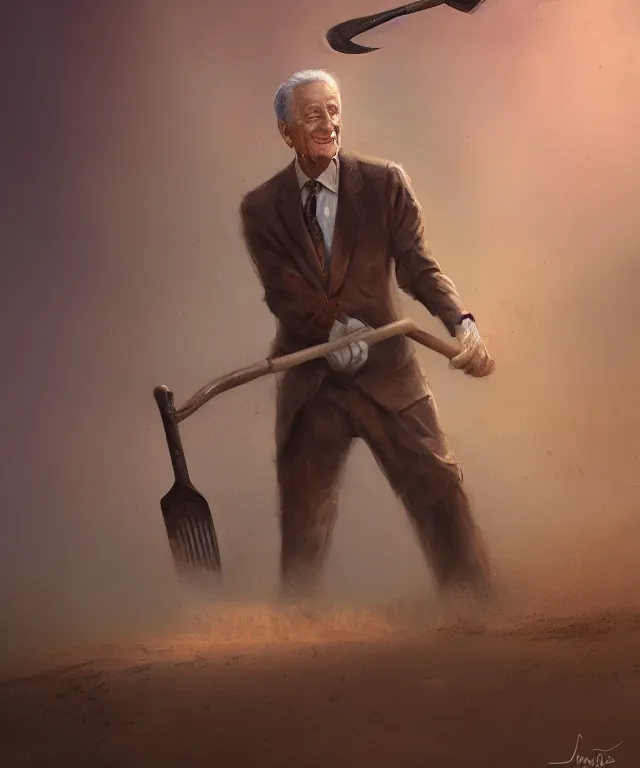 Prompt: bob barker, cinematic, covered in dirt, holding a shovel, elegant, highly detailed, digital painting, artstation, smooth, hard focus, illustration, art by jessica rossier and and brian froud