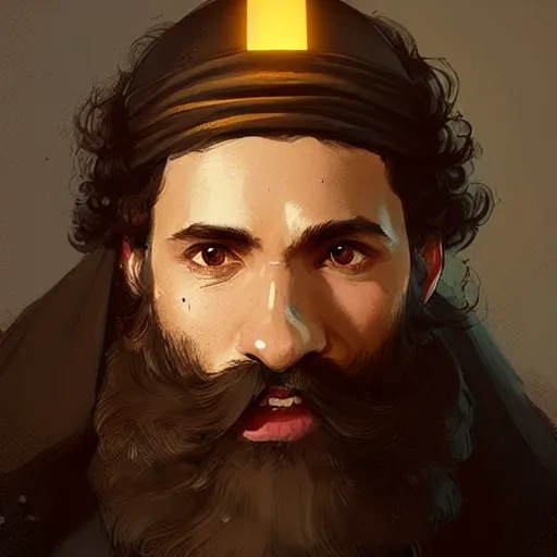 Image similar to a happy merchant jew wearing kippah!!!, black curly beard, black curly hair, hooked nose, by greg rutkowski, artstation, by artgerm, by wlop