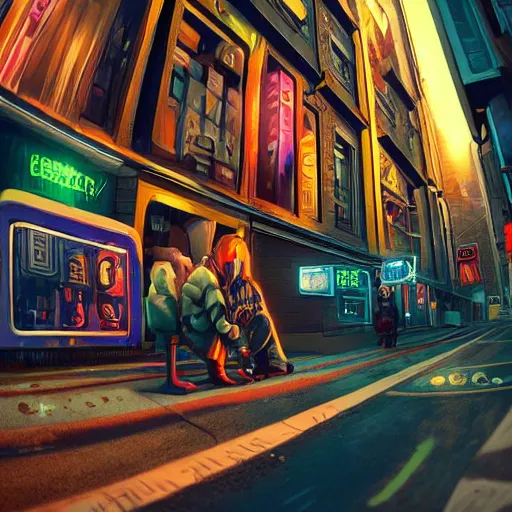 Prompt: 2 4 th century!!!!! cyberpunk town street, cinematic photography, vibrant, fisheye!!!!! lens, ( ( ( ( ( worm's - eye view ) ) ) ) ), illustrated by max hay, artstation, cgsociety contest winner, dramatic lighting, vignette