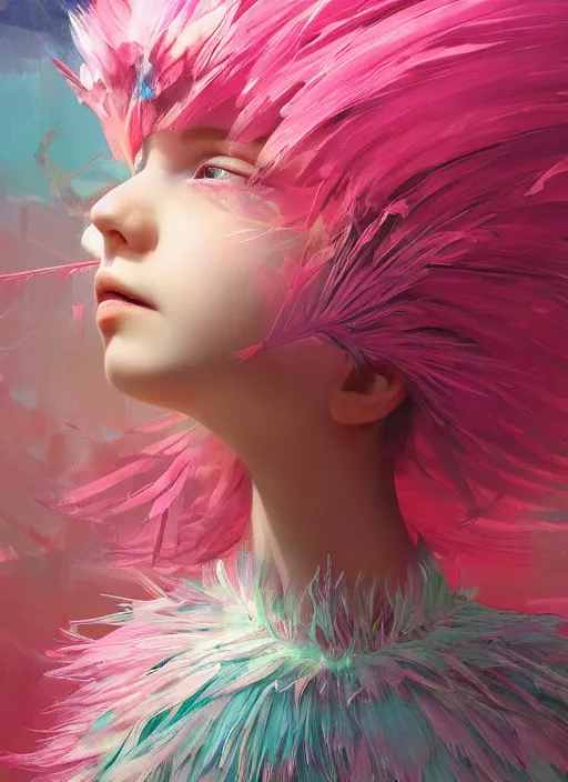 Prompt: beautiful little girl with an pink eccentric haircut wearing an dress made of feathers dancing on stage, artwork made by ilya kuvshinov, inspired in donato giancola, hd, ultra realistic, reflection, flowers, light, realistic face, bird, trending on pixiv, 8 k, ray tracing