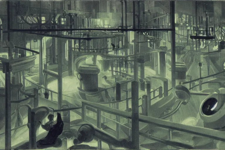 Prompt: isometric view of a factory floor, vats of radioactive slime, catwalks, industrial, glowing with silver light, painting by Franz Marc, by Jean-Léon Gérôme, by Winsor McCay, today's featured photograph, 16K