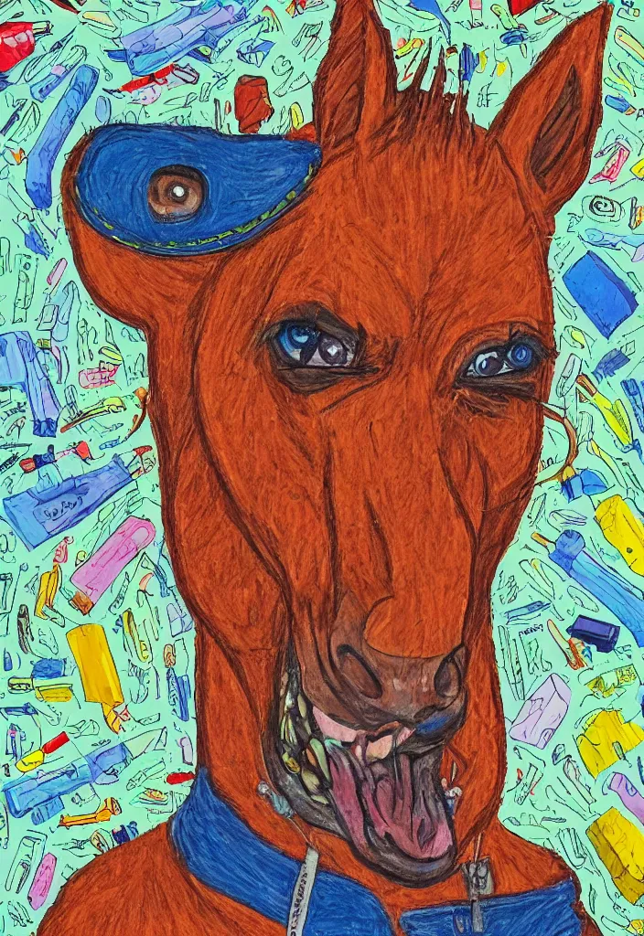 Prompt: portrait of bojack horseman, award winning hyper detailed outsider art