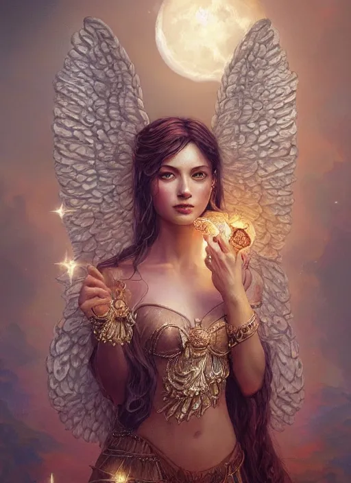 Image similar to A beautiful digital painting of a female angel full of jewels, princess, the moon behind her, intricate, cinematic lighting, highly detailed, digital painting, Artstation, concept art, smooth, sharp focus, illustration, art by Tom Bagshaw, Artgerm and Greg Rutkowski