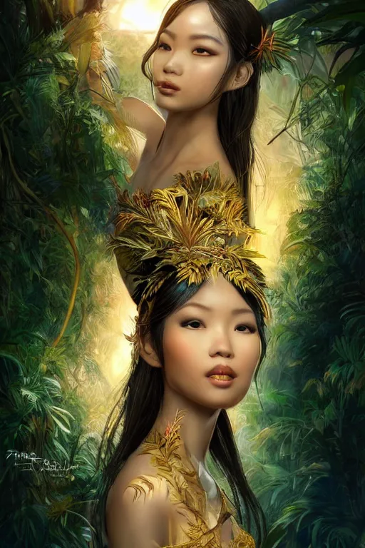 Image similar to stunningly beautiful, filipina geisha prima ballerina in jungle, symmetrical face, golden hour, smooth, focus, highly detailed, hyper realistic, dramatic lighting, elegant, intricate, concept art, art by wlop, mars ravelo, greg rutowski, artstation