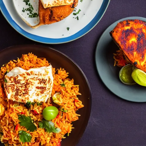 Image similar to jollof rice with haloumi cheese on the side