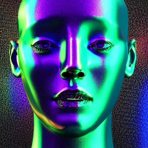 Image similar to 3d render of holographic human robotic head made of glossy iridescent, surrealistic 3d illustration of a human face non-binary, non binary model, 3d model human, cryengine, made of holographic texture, holographic material, holographic rainbow, concept of cyborg and artificial intelligence