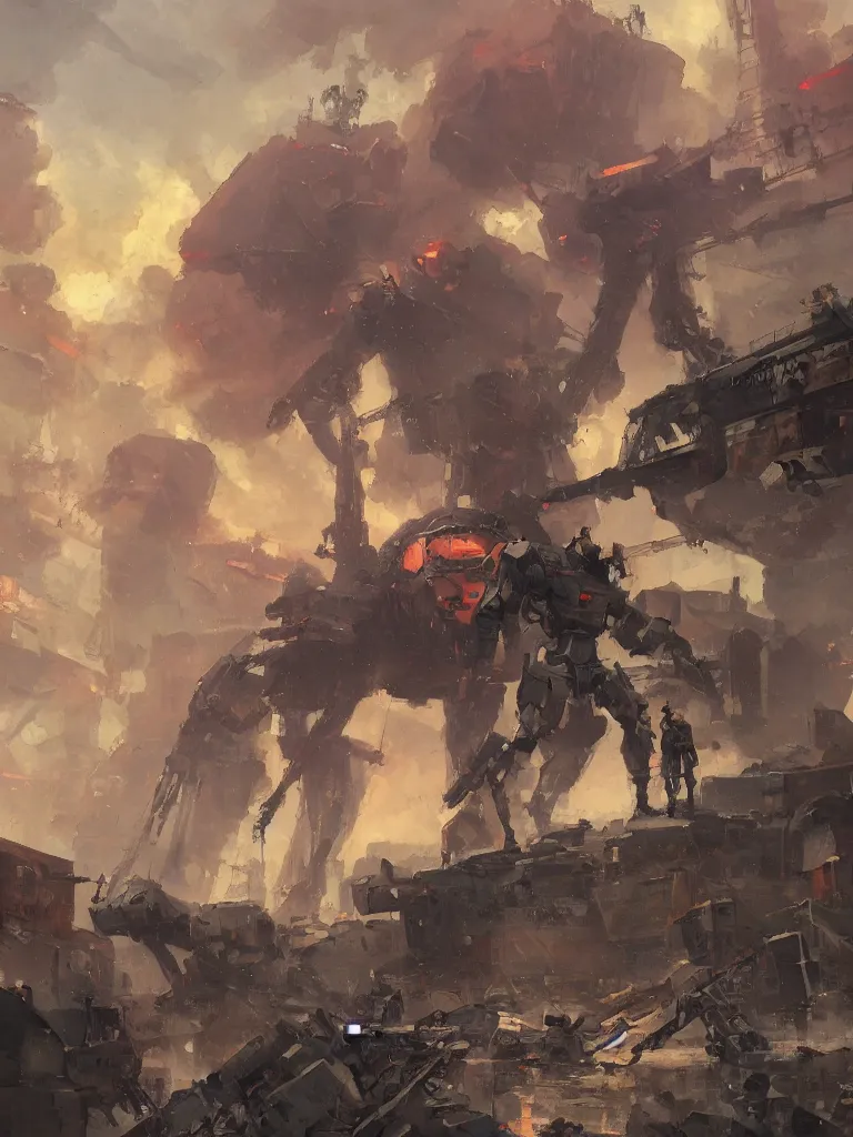 Image similar to russian revolution 1 9 1 0, a russian mecha,, evening, after the storm, drama, by rozalski and craig mullins and kenton nelson, artstation