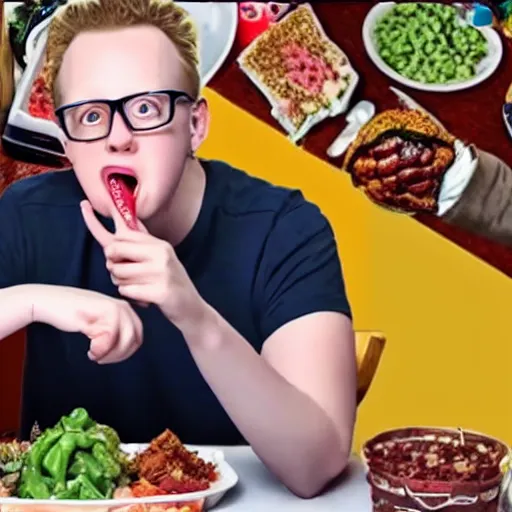 Image similar to YouTube thumbnail of new MrTLexify mukbang video, MrTLexify makes a surprised face