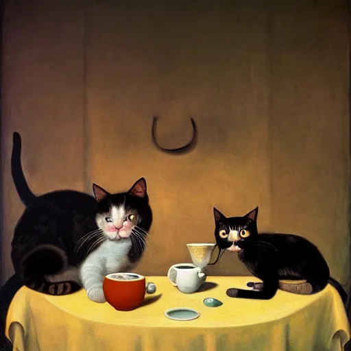 Prompt: highly detailed, 4k, oil painting of cats drinking coffee by Caravaggio, Matisse, and Rothko, surrealism, rendered by unreal engine