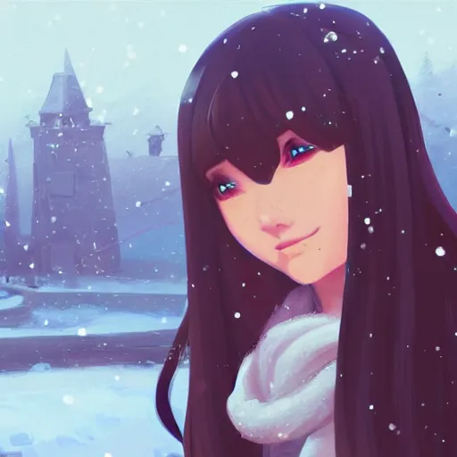 Prompt: teen girl with long black hair and bangs, detailed facial features, beautiful face, snowy winter village in the background, digital painting, artstation, highly detailed, by makoto shinkai and thomas kindle and James gilleard