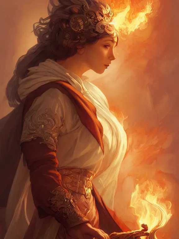 Image similar to young summoner with a fire elemental, fantasy, man, thick robes, intricate, elegant, highly detailed, digital painting, artstation, concept art, wallpaper, smooth, sharp focus, illustration, art by artgerm and greg rutkowski and alphonse mucha