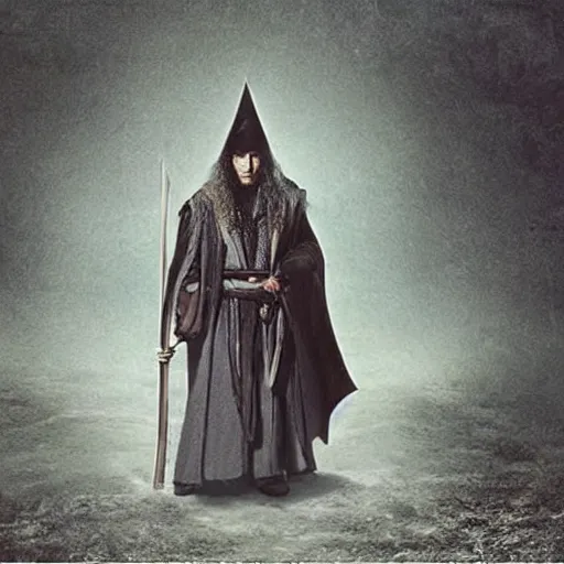 Image similar to a still from “ lord of the rings ” of a head and shoulders portrait of fei lung as a wizard with a hat and a wooden staff, photo by phil noto