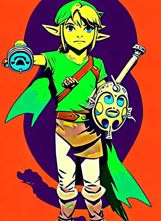 Image similar to majoras mask link!! from the legend of zelda!! portrait illustration, pop art, splash painting, art by geof darrow, ashley wood, alphonse mucha, makoto shinkai