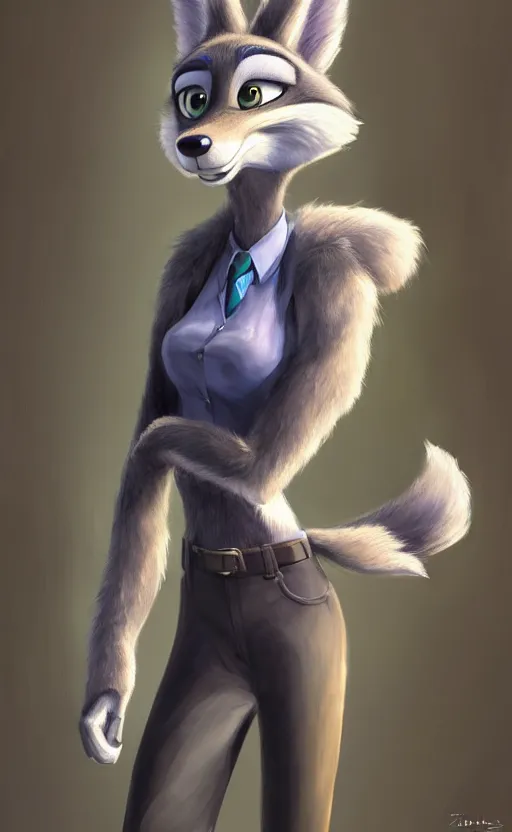 Image similar to oil painting of detailed full body of anthromorphic female wolf, in style of zootopia, zootopia, zootopia, fursona, furry, furaffinity, 4 k, deviantart, furry art, fursona art, wearing black business suit, business suit, in style of zootopia, wolf fursona, cyberpunk, female, expressive detailed feminine face,