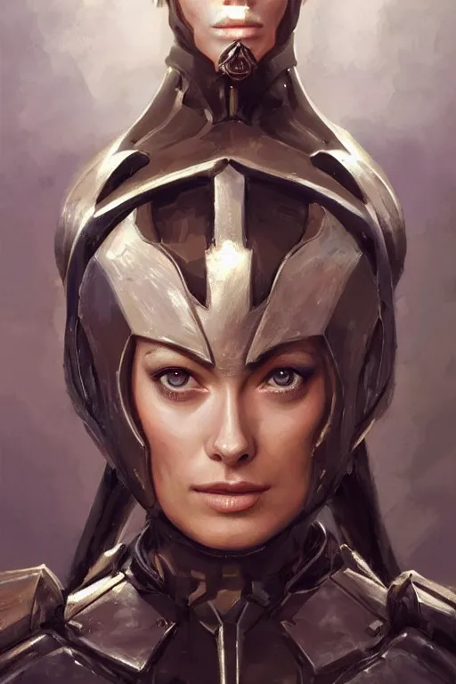 Image similar to a professional painting of a young Olivia Wilde, clothes in military armor, olive skin, long dark hair, beautiful bone structure, symmetrical facial features, intricate, elegant, digital painting, concept art, smooth, sharp focus, illustration, from StarCraft by Ruan Jia and Mandy Jurgens and Artgerm and William-Adolphe Bouguerea