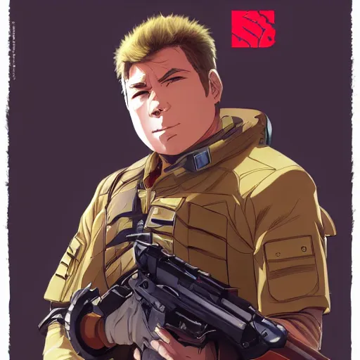 Image similar to An anime portrait of a young William Shatner in tactical gear, by Stanley Artgerm Lau, WLOP, Rossdraws, James Jean, Andrei Riabovitchev, Marc Simonetti, and Sakimichan, tranding on artstation