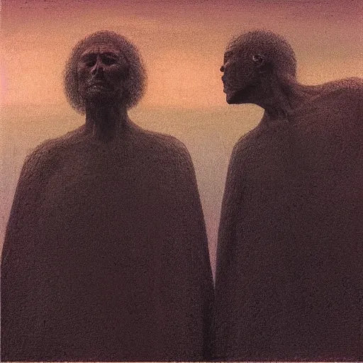 Image similar to “ close up of two men looking up the sky. the sky is totally black. art by zdzisław beksinski ” — w 1 9 2 0 — h 1 4 4 0 — steps 5 0