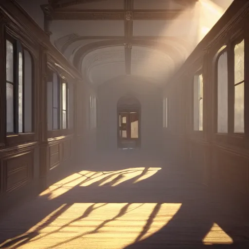 Prompt: inside a victorian hallway with bookcases on the walls, sunlight shines through the windows and produces rays of light in the dust ray traced unreal 5, ultra details