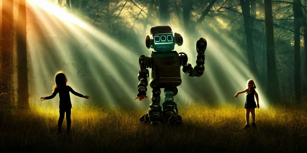 Image similar to sci - fi scene future new york, little girl holding a hand of a big robot, forest punk, crepuscular rays, epic scene, hyper realistic, photo realistic, overgrowth, cinematic atmosphere, ethereal lighting