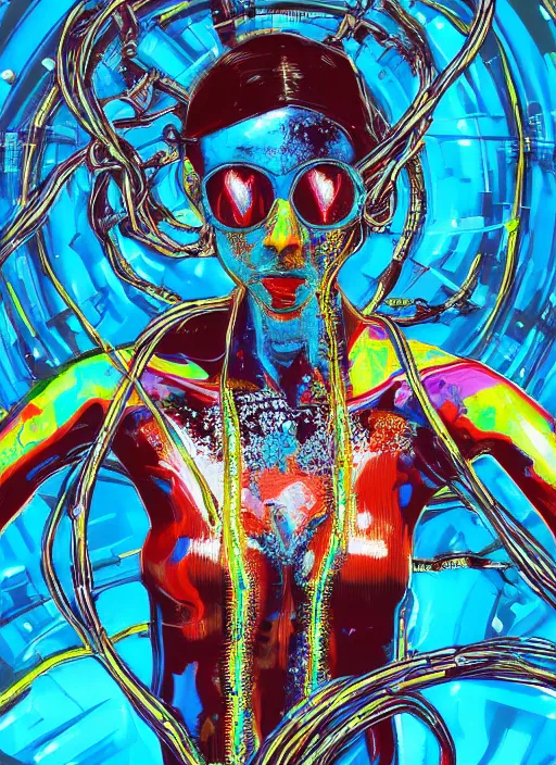 Prompt: extreme long shot, kodachrome, oil painting, melting face, cyberpunk 2 0 y. o model girl, wrapped in wires and piones, clear blue sky vintage style, looking straight ahead, in the style of yayoi kusama, technicolour, lineart, higly detailed, artstation