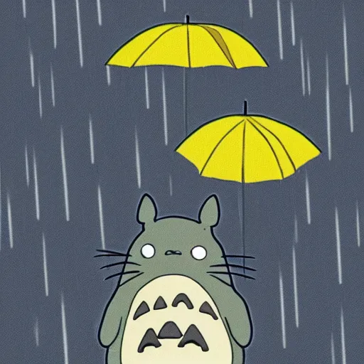 Prompt: Totoro is hailing a cab in the rain