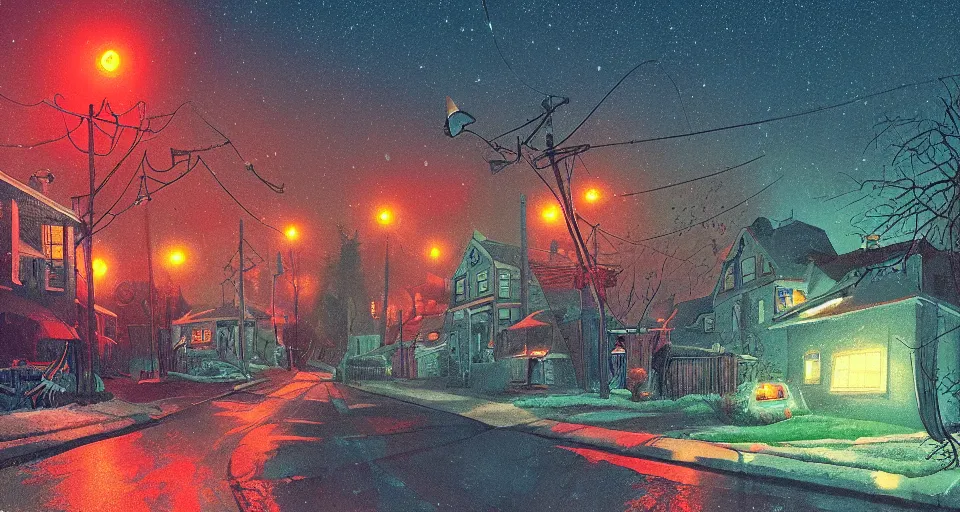 Image similar to a quaint suburban street at night with maschinen krieger, warm saturated colors, inspired by art of simon stalenhag