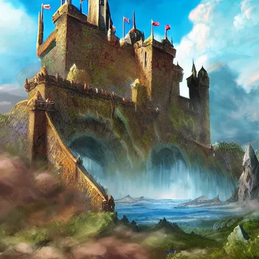 Prompt: photobomb by Danny Devito, a castle on a flying island, masterpiece, flying island in the sky, clouds background magic the gathering coloring style, epic fantasy style art, fantasy epic digital art, epic fantasy card game art