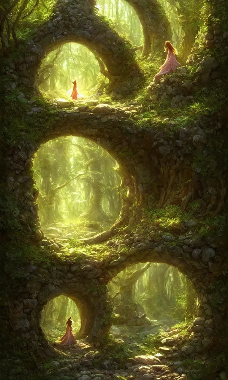 Image similar to Fantasy Magical fairy-tale stone portal in the forest. Round stone portal teleport in trees to other worlds. Fantastic landscape. Magic Altar in the fores, highly detailed, digital painting, artstation, concept art, smooth, sharp focus, illustration, art by artgerm and greg rutkowski and alphonse mucha