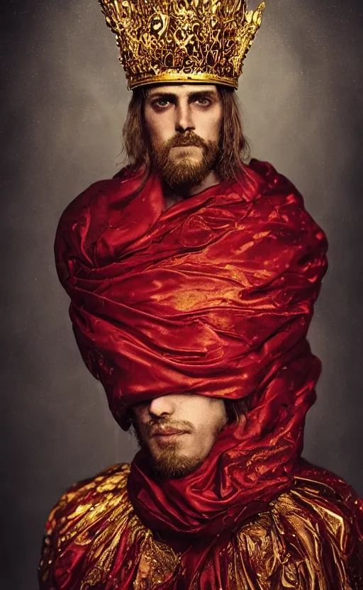 Image similar to 'Portrait of Crowned King Arthur' by Lee Jeffries royally decorated, whirling plasma, atmospheric motes, red and gold Sumptuous garb, gilt silk fabric, radiant colors, fantasy, perfect lighting, studio lit, micro details,