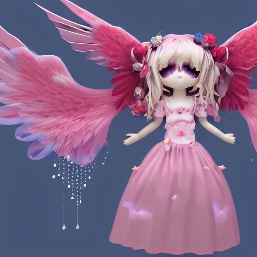 Image similar to cute fumo plush of a divine angel, gothic maiden, ribbons and flowers, ruffled wings, feathers raining, particle simulation, clouds, vray, outline glow lens flare burning sun, fallen angel