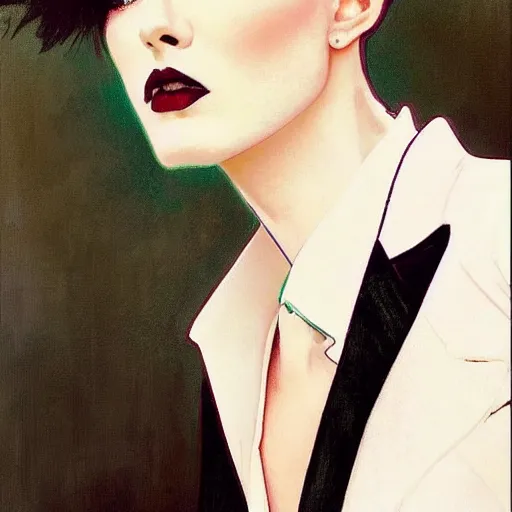 Image similar to beautiful portrait of androgynous ruby rose as desire from sandman in a white tuxedo!!!, rockabilly style,, by alphonse mucha, by jeremy mann, by peter lindbergh, dave mckean, by frank moth, by cedric peyravernay, white suit and black tie, soft lightning, high detailed, 8 k