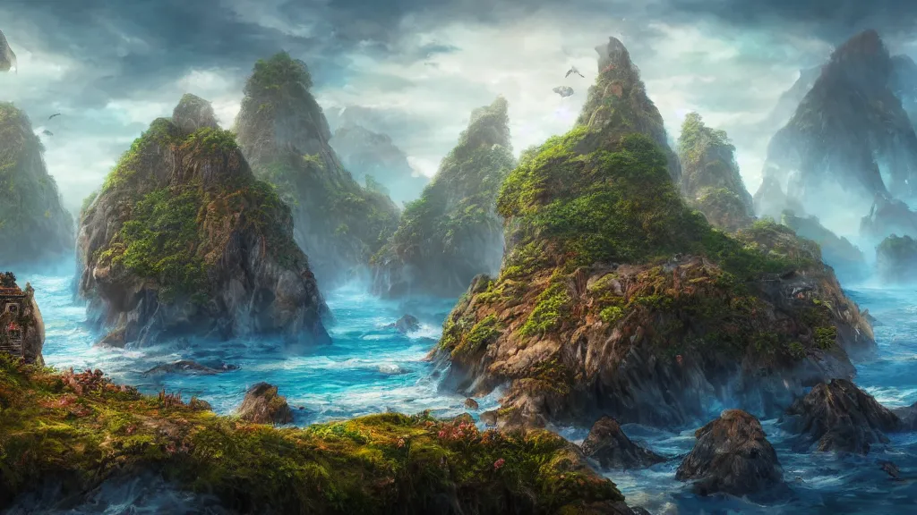 Image similar to archipelago, fantasy artwork, very very very beautiful scenery, hd, hdr, ue5, ue6, unreal engine 5, cinematic 4k wallpaper, 8k, ultra detailed, high resolution, artstation, award winning