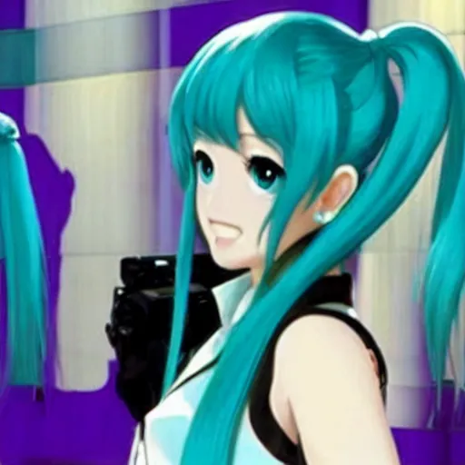 Prompt: a screenshot of hatsune miku in the film pulp fiction ( 2 0 0 1 )