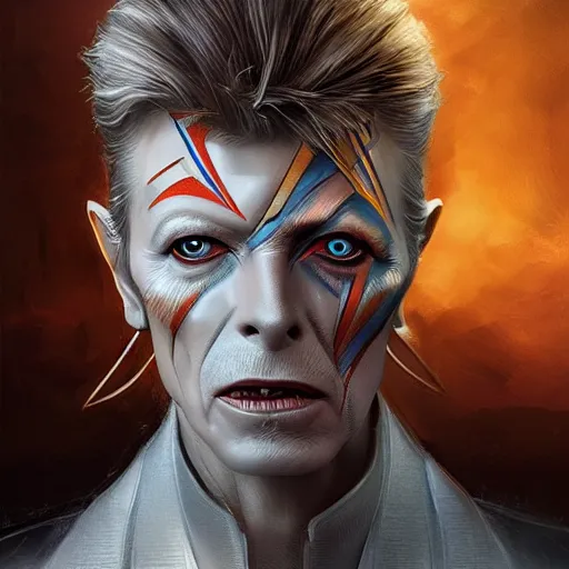 Prompt: a portrait of david bowie as a wizard, upper half portrait, urban motifs, intricate, elegant, highly detailed, digital painting, trending on artstation, concept art, smooth sharp focus, illustration, art by artgerm and greg rutkowski