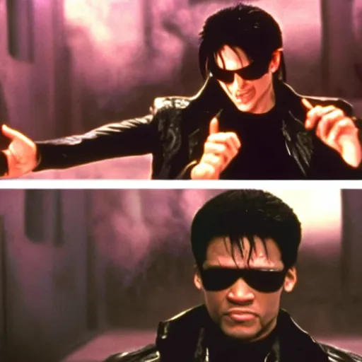 Prompt: neo slaps morpheus instead of choosing a pill, still from the matrix