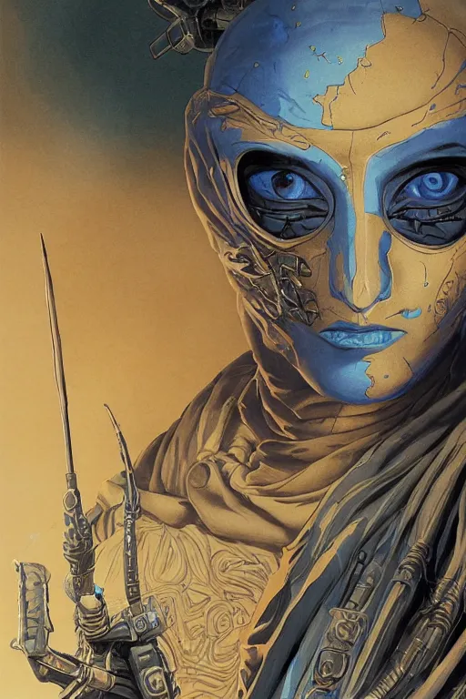 Prompt: dune themed majestic paul atreides glowing blue eyed fremen warrior, desert breathing armor, graffiti, street art sketch by sachin teng, moebius, artgerm, michael cheval, esao andrews, francois boucher, masterpiece, intricate organic painting, matte painting, hard edges, highly detailed, cinematic lighting character art movie poster by drew struzan