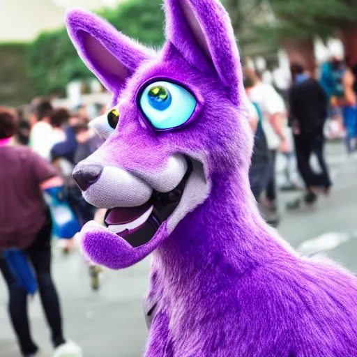 Image similar to A bust photograph taken at a furry convention of a purple dog fursuit with alien antennas