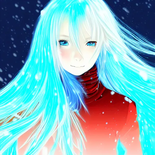 Image similar to glitched and crack sensor, advanced digital anime art, a very cute gorgeous teenage girl with a body made of fire and ice wearing a dress made of water , full body, very long snow colored hair, sky blue highlights in hair, red fiery watery eyes, full round face, dramatic cinematic lighting, highly intricately detailed, trending on pixiv, Artstation, painted by Rossdraws and the style of Sakimimichan