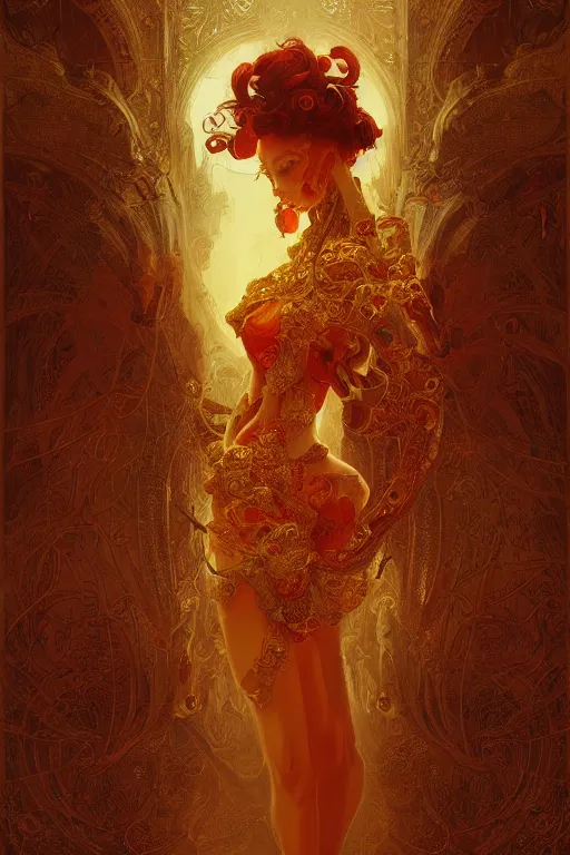 Prompt: tarot card artstation, portrait of a gorgeous love dancer, sunrise, baroque ornament and rococo ornament, ancient chinese ornate, hyperdetailed, beautiful lighting, craig mullins, mucha, klimt, yoshitaka amano, red and gold and orange color palette