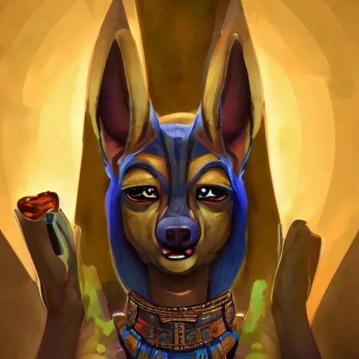 Image similar to Anubis God working at Starbucks, very detailed, artstation, illustration, masterpiece, digital art, Oil Painting, Furry Art